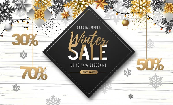 Winter poster with golden Christmas snowflakes and presents. Winter big sale poster. Wiinter background — Stock Vector