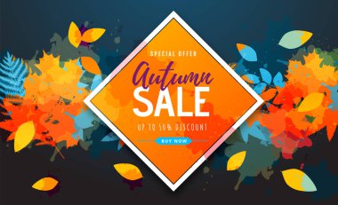Autumn big sale watercolor poster with autumn leaves. Autumn background clipart