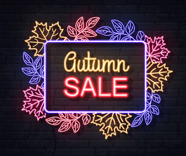 Neon sign autumn big sale with maple leaves on brick background. Vintage electric signboard. — Stock Vector
