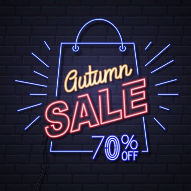 Neon tuğla arka plan üzerinde sonbahar büyük satış işareti. Vintage elektrikli tabela.