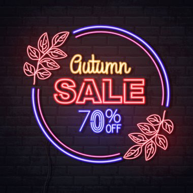 Tuğla arka plan üzerinde akçaağaç yaprakları ile Neon işareti sonbahar büyük satış. Vintage elektrikli tabela.
