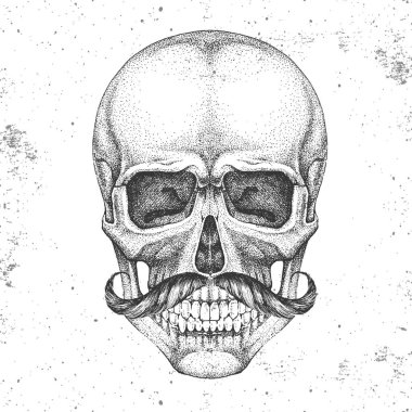 Grunge arka plan üzerinde el çizim hipster kafatası illüstrasyon. Hipster moda stili