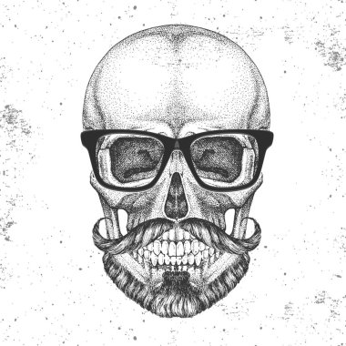 Grunge arka plan üzerinde el çizim hipster kafatası illüstrasyon. Hipster moda stili