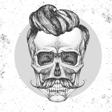 Grunge arka plan üzerinde el çizim hipster kafatası illüstrasyon. Hipster moda stili