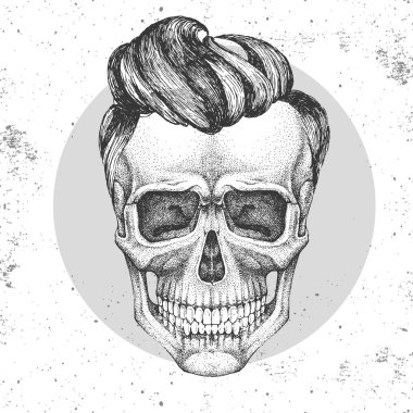 Grunge arka plan üzerinde el çizim hipster kafatası illüstrasyon. Hipster moda stili