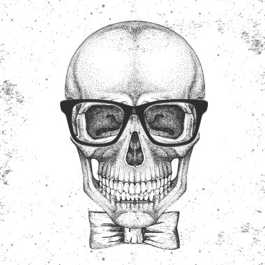 Grunge arka plan üzerinde el çizim hipster kafatası illüstrasyon. Hipster moda stili