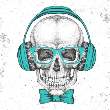 Grunge arka plan üzerinde kulaklık ile kafatası el çizim hipster illüstrasyon. Hipster moda stili