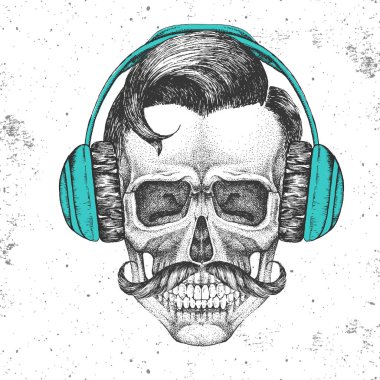 Grunge arka plan üzerinde kulaklık ile kafatası el çizim hipster illüstrasyon. Hipster moda stili