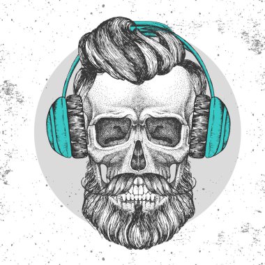 Grunge arka plan üzerinde kulaklık ile kafatası el çizim hipster illüstrasyon. Hipster moda stili