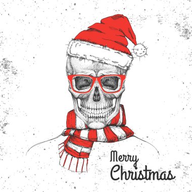 Grunge arka plan üzerinde yeni yıl şapka ile kafatası El çizim hipster illüstrasyon. Hipster moda stili