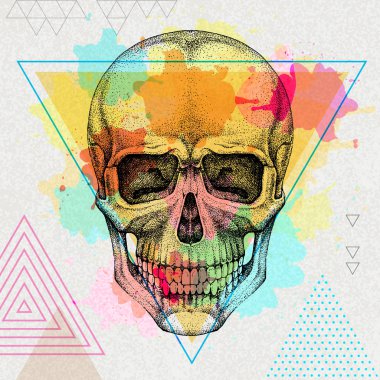 Sanatsal suluboya arka plan üzerinde el çizim hipster kafatası illüstrasyon. Hipster moda stili