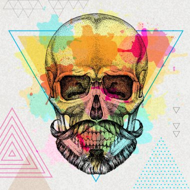 Sanatsal suluboya arka plan üzerinde el çizim hipster kafatası illüstrasyon. Hipster moda stili