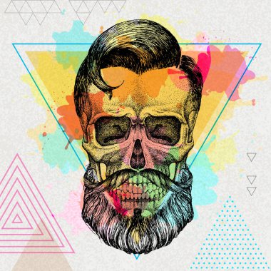 Sanatsal suluboya arka plan üzerinde el çizim hipster kafatası illüstrasyon. Hipster moda stili