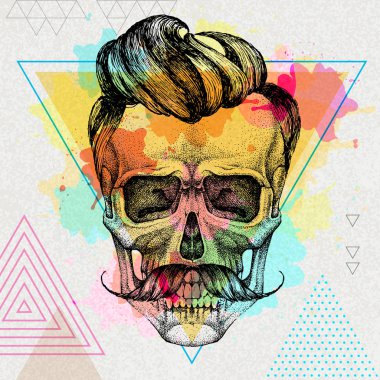 Sanatsal suluboya arka plan üzerinde el çizim hipster kafatası illüstrasyon. Hipster moda stili