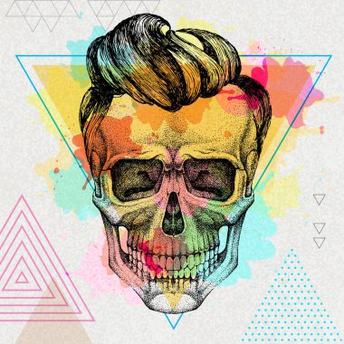 Sanatsal suluboya arka plan üzerinde el çizim hipster kafatası illüstrasyon. Hipster moda stili