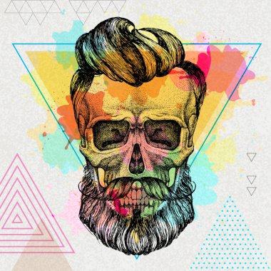 Sanatsal suluboya arka plan üzerinde el çizim hipster kafatası illüstrasyon. Hipster moda stili
