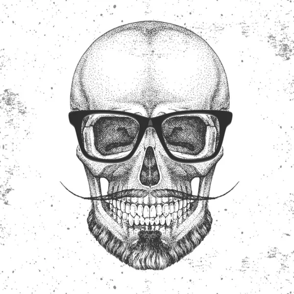 Handzeichnung Hipster Skull Illustration auf Grunge-Hintergrund. Hipster-Mode — Stockvektor