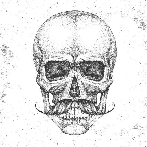 Grunge arka plan üzerinde el çizim hipster kafatası illüstrasyon. Hipster moda stili