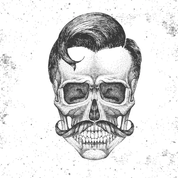 Grunge arka plan üzerinde el çizim hipster kafatası illüstrasyon. Hipster moda stili