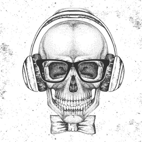 Desenho à mão hipster ilustração do crânio com fones de ouvido no fundo grunge. Estilo de moda Hipster — Vetor de Stock