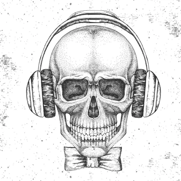 Dibujo a mano ilustración hipster de cráneo con auriculares sobre fondo grunge. Estilo de moda Hipster — Archivo Imágenes Vectoriales