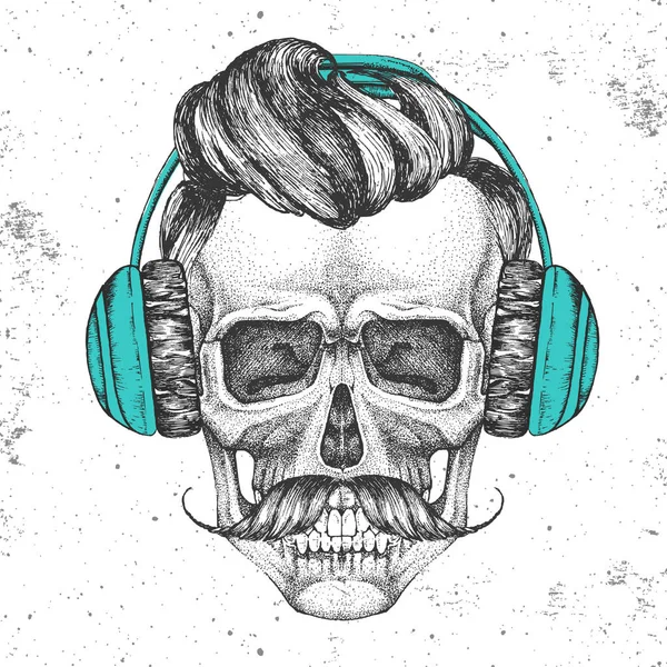 Hand tekening hipster illustratie van schedel met hoofdtelefoon op grunge achtergrond. Hipster fashion stijl — Stockvector