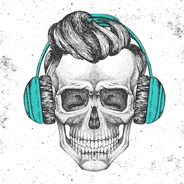 Desenho à mão hipster ilustração do crânio com fones de ouvido no fundo grunge. Estilo de moda Hipster — Vetor de Stock