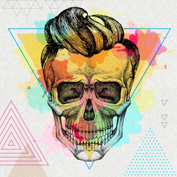 Sanatsal suluboya arka plan üzerinde el çizim hipster kafatası illüstrasyon. Hipster moda stili