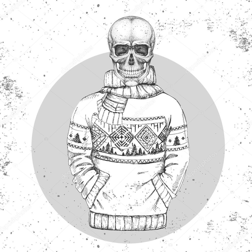 Hand drawing hipster illustration of skull with pullover on grunge background. Hipster fashion style