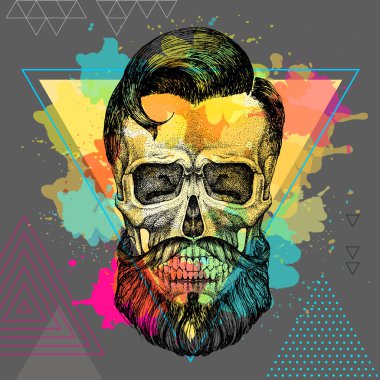 Sanatsal suluboya arka plan üzerinde el çizim hipster kafatası illüstrasyon. Hipster moda stili