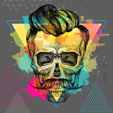 Sanatsal suluboya arka plan üzerinde el çizim hipster kafatası illüstrasyon. Hipster moda stili