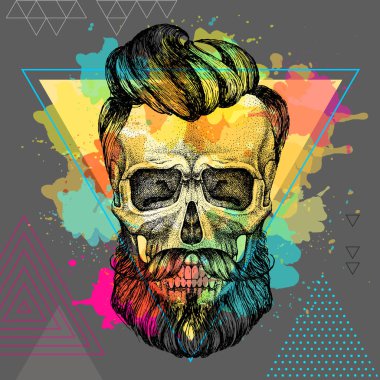 Sanatsal suluboya arka plan üzerinde el çizim hipster kafatası illüstrasyon. Hipster moda stili