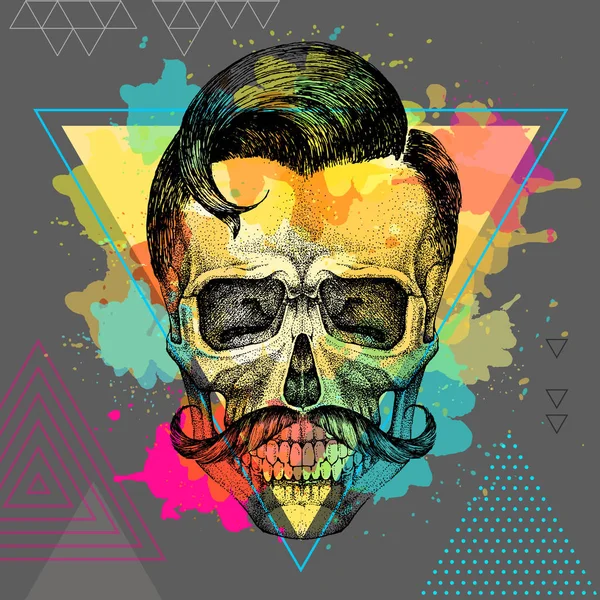Sanatsal suluboya arka plan üzerinde el çizim hipster kafatası illüstrasyon. Hipster moda stili