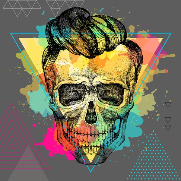 Sanatsal suluboya arka plan üzerinde el çizim hipster kafatası illüstrasyon. Hipster moda stili
