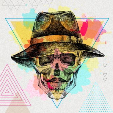 Sanatsal suluboya arka plan üzerinde şapka ile el çizim hipster kafatası. Hipster moda stili