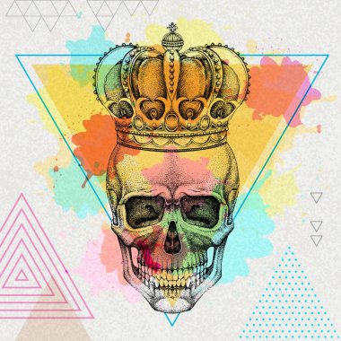 Sanatsal suluboya arka plan üzerinde taç ile el çizim hipster kafatası. Hipster moda stili