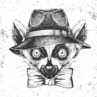 Şapkalı hipster hayvan lemur. Hayvan lemur el çizim Namlu