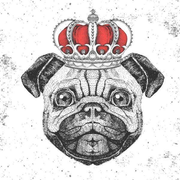 Retro Hipster hayvan pug-köpek taç. Pug-köpek el çizim Namlu — Stok Vektör