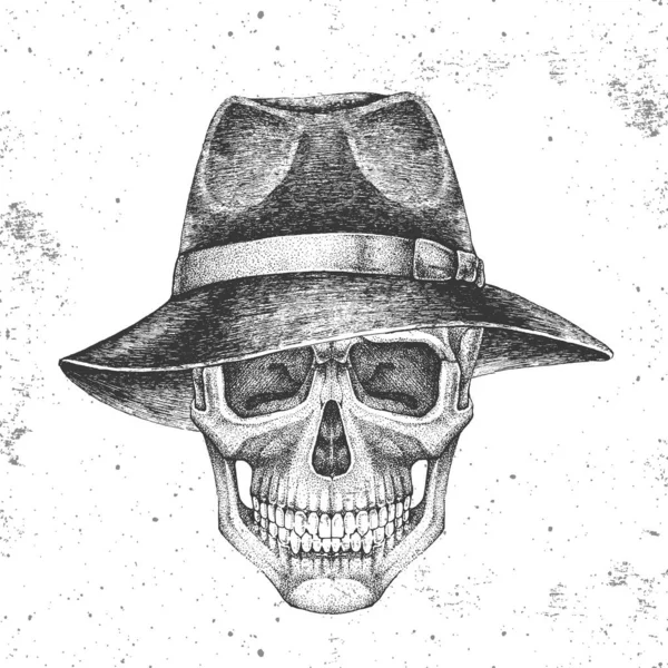 Calavera hipster dibujo a mano con sombrero sobre fondo grunge. Estilo de moda Hipster — Archivo Imágenes Vectoriales