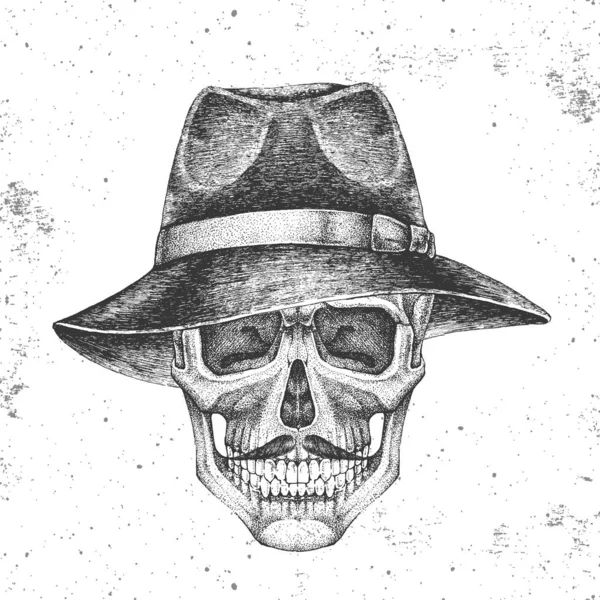 Calavera hipster dibujo a mano con sombrero sobre fondo grunge. Estilo de moda Hipster — Archivo Imágenes Vectoriales