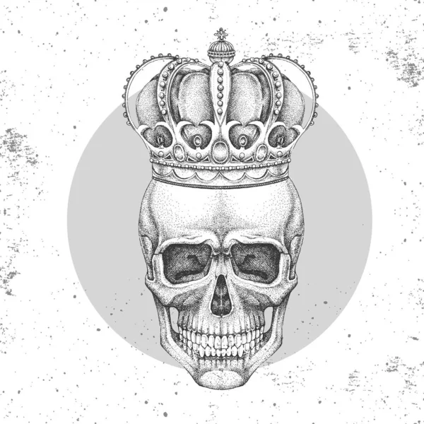 Calavera hipster dibujo a mano con corona sobre fondo grunge. Estilo de moda Hipster — Archivo Imágenes Vectoriales