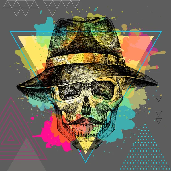 Calavera hipster dibujo a mano con sombrero sobre fondo acuarela artística. Estilo de moda Hipster — Archivo Imágenes Vectoriales