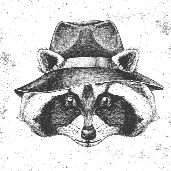 Raton laveur d'animaux hipster en chapeau. Dessin à la main Museau de raton laveur animal — Image vectorielle