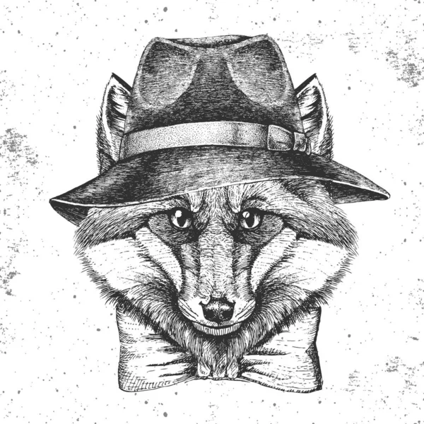 戴帽子的嬉皮士动物狐狸。动物狐狸的手绘枪口 — 图库矢量图片