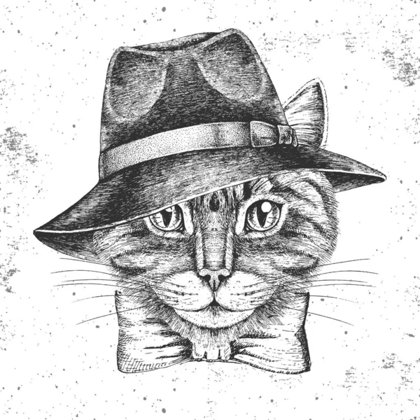Gato animal Hipster en sombrero. Dibujo a mano Bozal de gato animal — Vector de stock