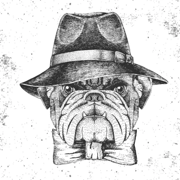 Bulldog animal Hipster con sombrero. Dibujo a mano Bozal de bulldog animal — Vector de stock