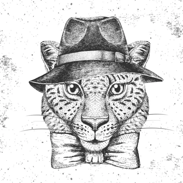 Guepardo animal Hipster con sombrero. Dibujo a mano Hocico de guepardo — Vector de stock