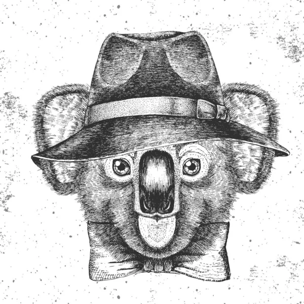 Hipster Tier Koala mit Hut. Handzeichnung Schnauze von Koala — Stockvektor
