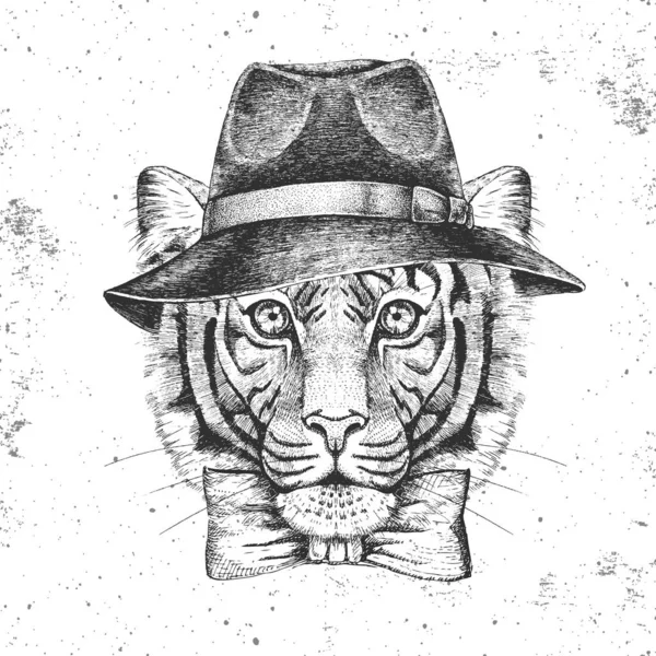 Tigre animal Hipster con sombrero. Dibujo a mano Bozal de tigre — Vector de stock