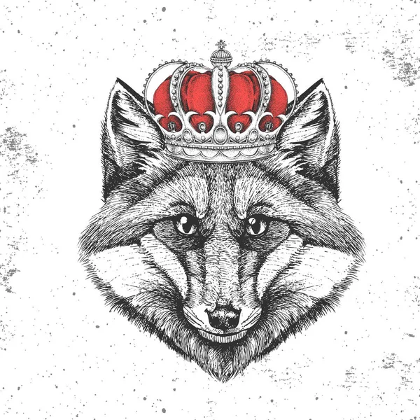 Hipster-Tierfuchs in Krone. Handzeichnung Maulkorb von tierischen Fuchs — Stockvektor
